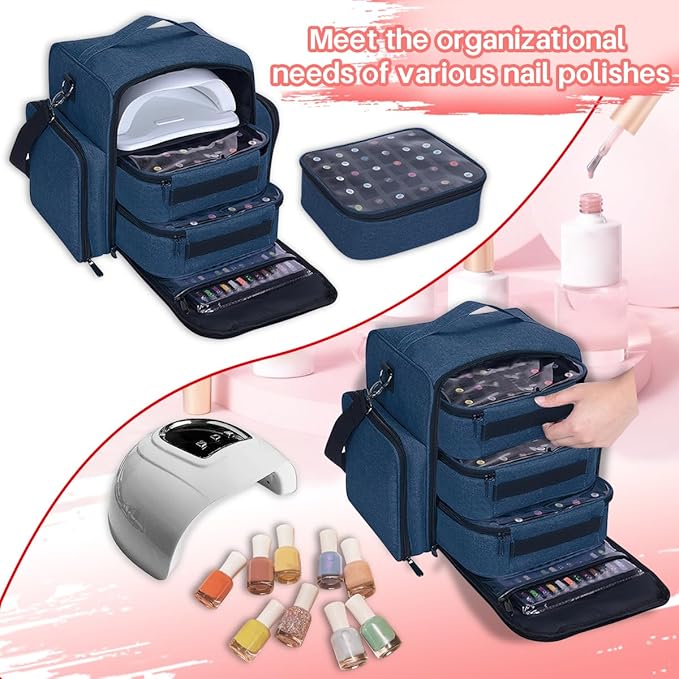 UOZL Nail Polish Organizer Case Hold 90 Bottles with 3 Detachable Bag,Blue
