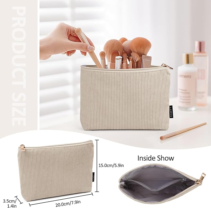 MAGEFY Small Makeup Bag for Purse Corduroy Makeup Bag with Inner Zipper Pockets Travel Cosmetic Bag for Women Preppy Stuff Aesthetic Gifts, Beige