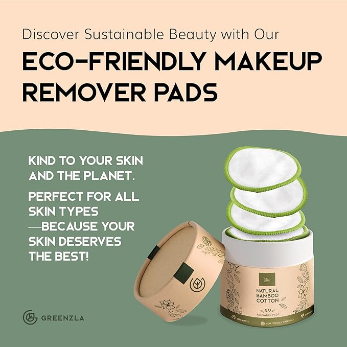 GREENZLA Reusable Makeup Remover Pads | 20 Pack | Bamboo Cotton Rounds