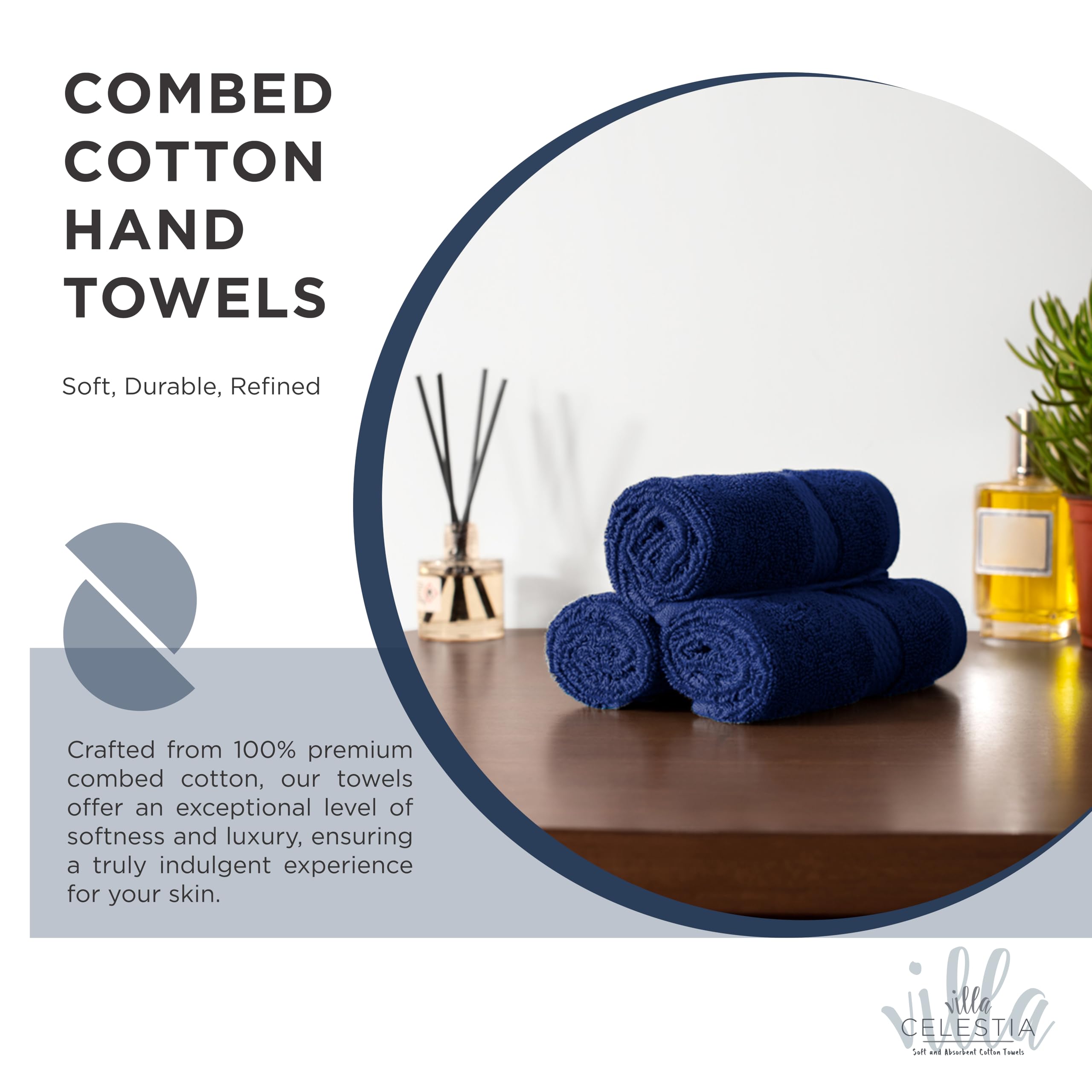 Villa Celestia Cotton Hand Towels Set of 4, 16 x 28, Oeko-TEX Certified, Quick Dry, Navy Blue
