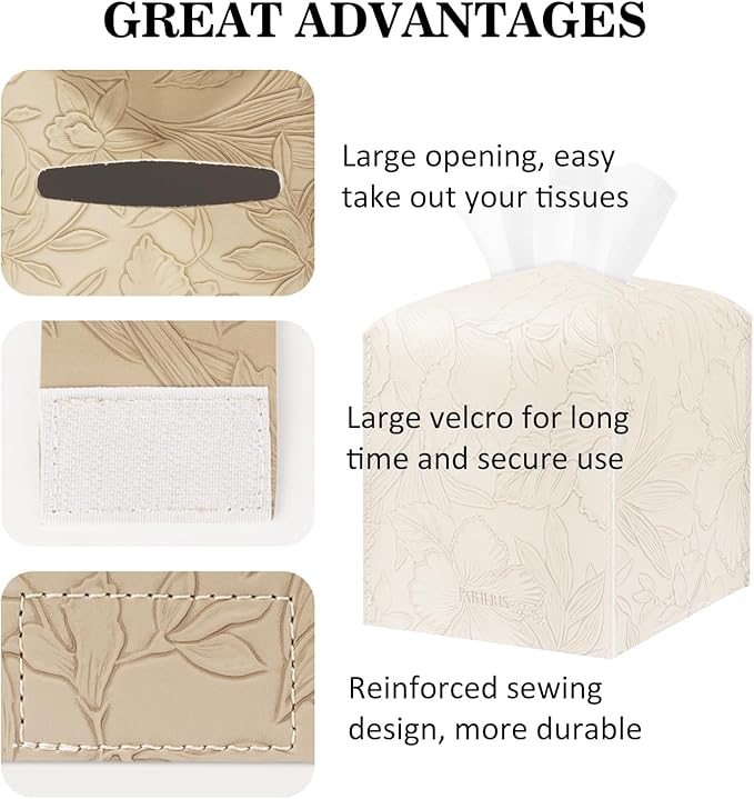 Tissue Box Holder Cover Square Tissue Cube Cover PU Leather Tissue Organizer with Bottom Belt for Bathroom, Tabletop, Kitchen, Night Stands, Office, Home, Car (2, SoftBeige)