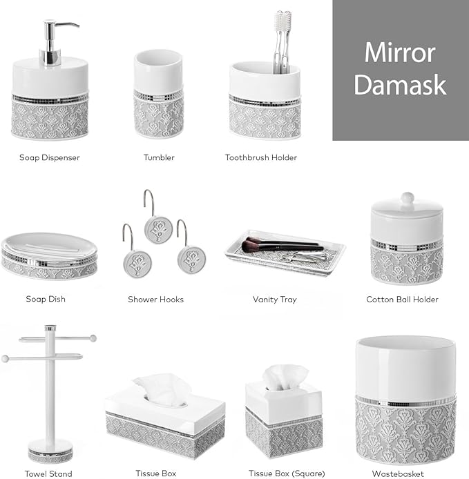 Mirror Damask White & Gray Small Oval Bathroom Trash Can 1.6 Gal / 6L