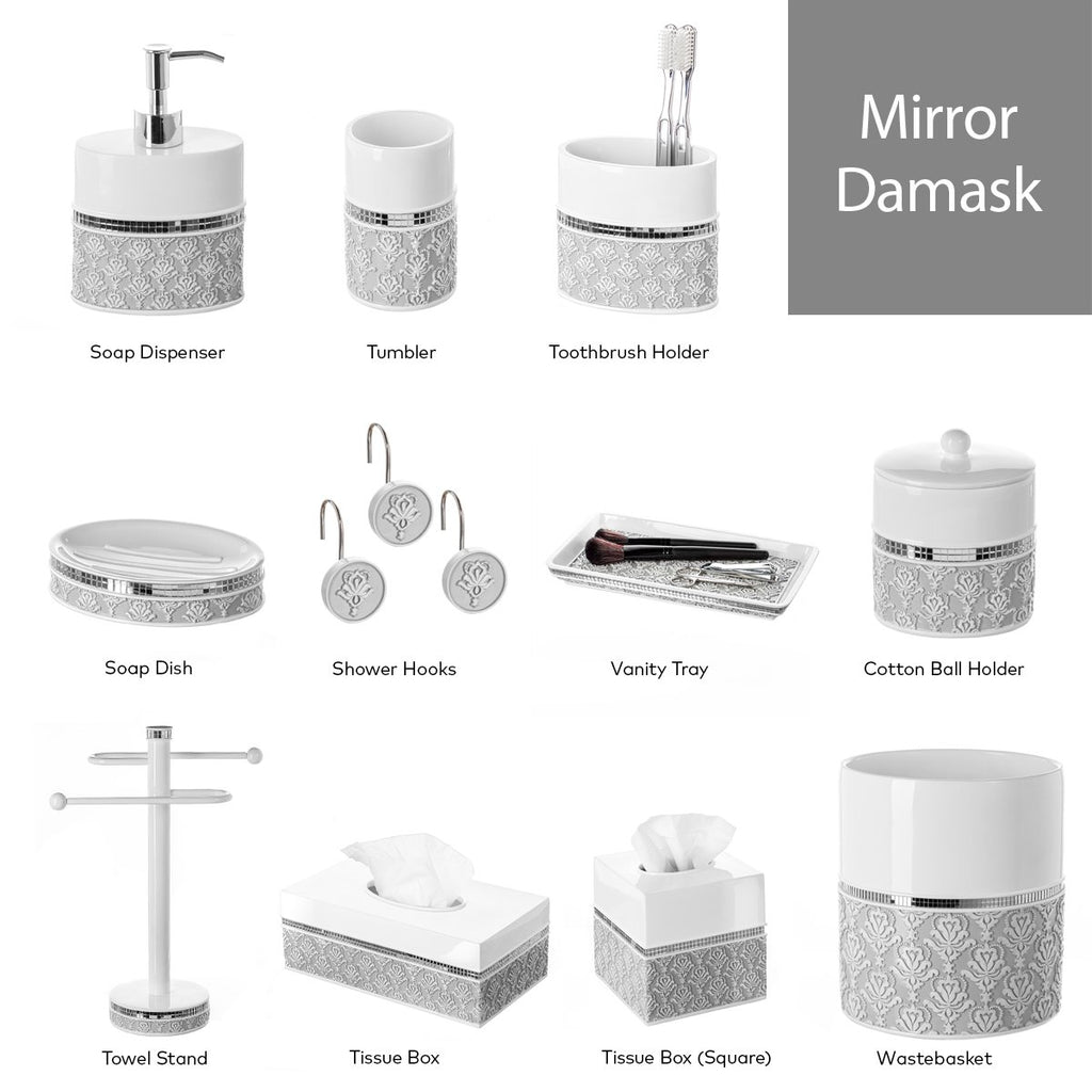 Creative Scents Mirror Damask Gray & White Cotton Swab/Qtip Holder with Lid