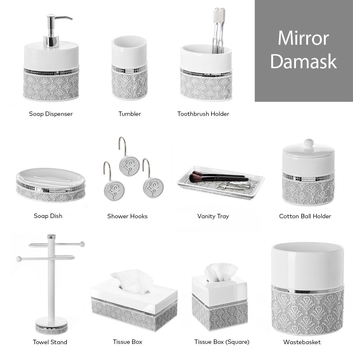 Creative Scents Mirror Damask Gray & White Cotton Swab/Qtip Holder with Lid