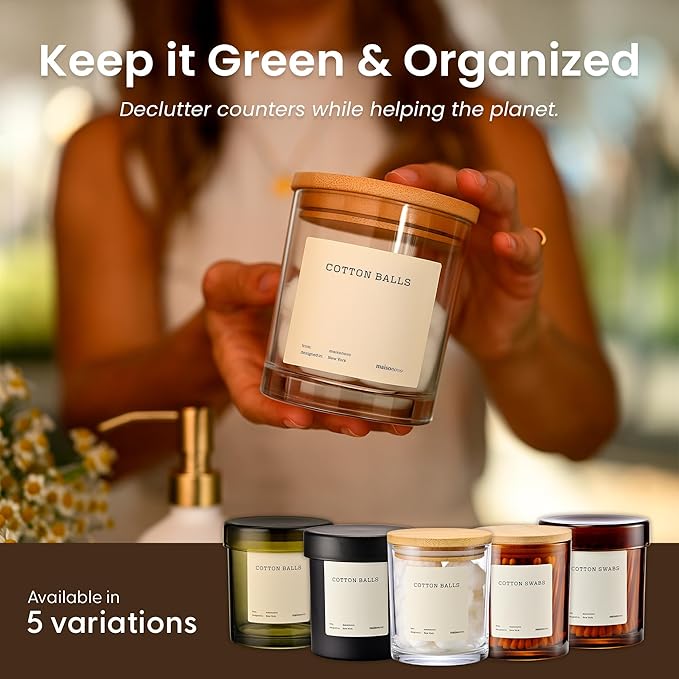 MaisoNovo Qtip Holder Bathroom Set – Airtight Q tip and Cotton Round Holder with Lid to Store Cotton Rounds, Swabs, Floss Picks, Hair Ties with Free Labels Pack - 2 Clear Jars with Bamboo Lids