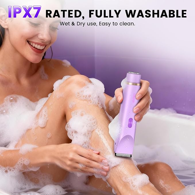 Bikini Trimmer for Women, Painless Electric Razor for Women with Dual Head, IPX7 Waterproof Pubic Body Hair Trimmer Electric Shaver for Legs/Arm/Underarm (Purple)