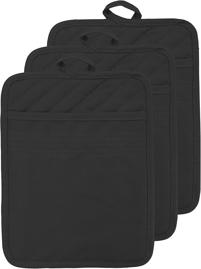 VEIKERY Oven Pot Holder with Pocket Cotton Heat Resistant Coaster Potholder Kitchen Hot Pad Oven Mitts for Cooking Square 7"x9" Set of 3 (Black)
