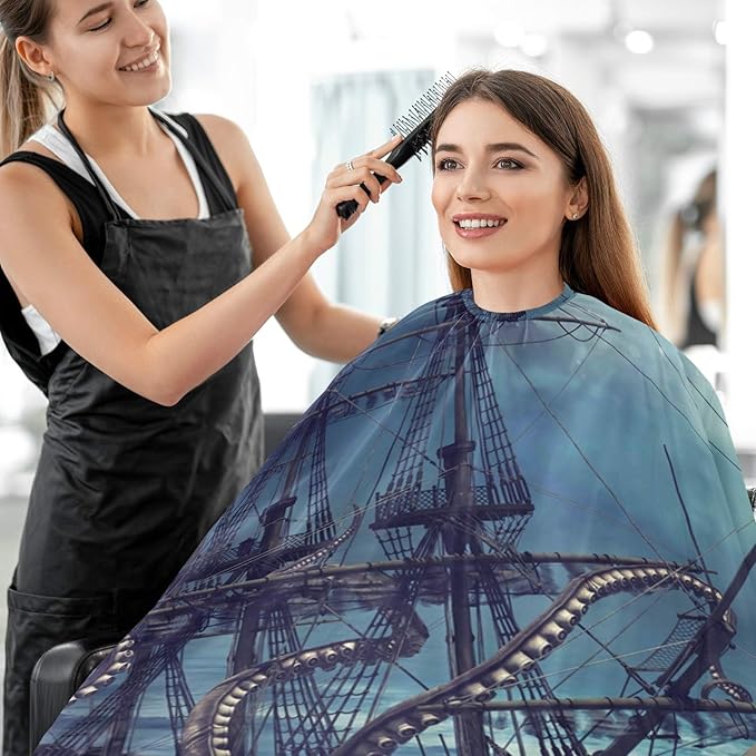 visesunny Barber Cape Octopus And Pirate Ship Black Pattern Polyester Hair Cutting Salon Cape Apron Anti-Static Haircut Shaving Cloth Beard Shaving Bib Hairdressing Cape