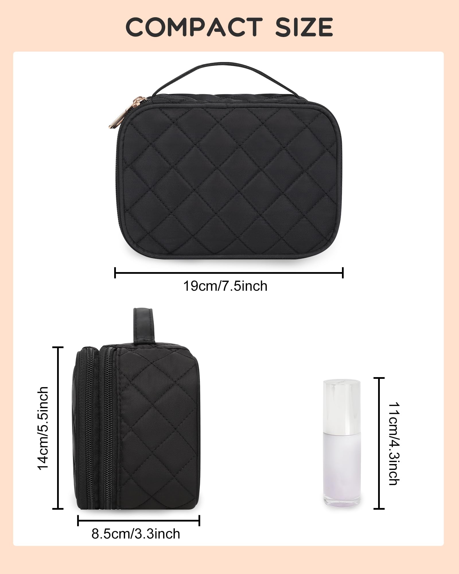Relavel Small Makeup Bag, Travel Cosmetic Bag with Makeup Brush Compartment, Cute Make Up Pouch for Women, Double Layer Toiletry Organizer for Short Trip, Office - Black