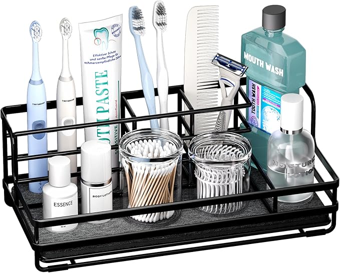HapiRm Toothbrush Holders for Bathroom - 5 Partitions Bathroom Counter Organizer with Instant Drying Stone, Stainless Steel Countertop Storage Electric Toothbrush Toothpaste Holder - White