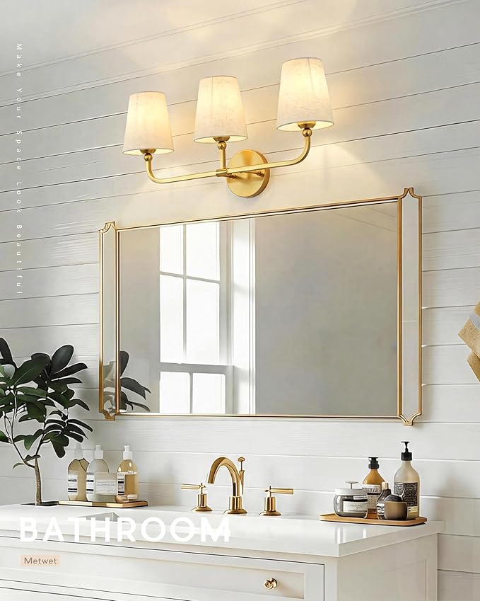 3-Light Bathroom Light Fixtures, Brushed Gold Vanity Lights with Linen Fabric Shade, Modern Sconces Wall Lighting for Hallway Bedroom, Upward Lighting, VL837-BG-A-3