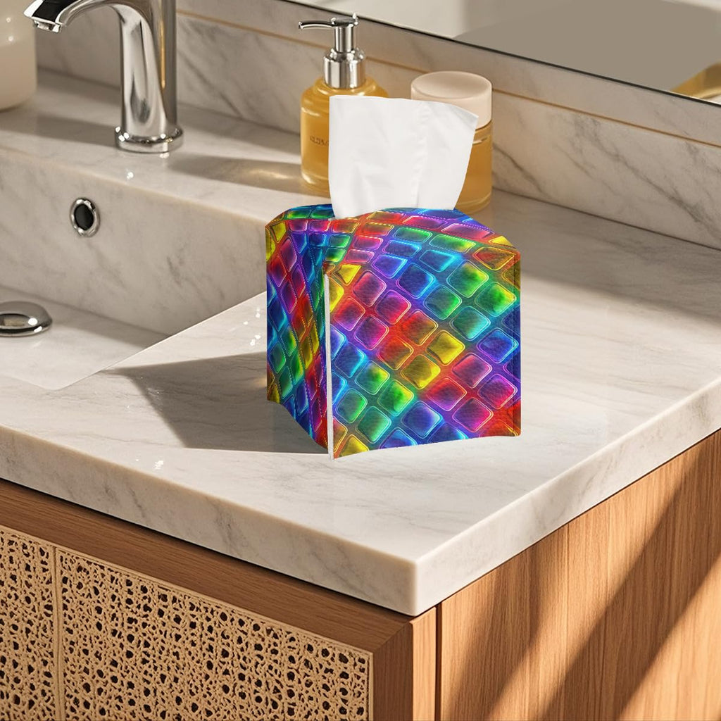 Rainbow Tissue Box Cover Neon Colorful Tiles Purple Blue Pink Square PU Leather Waterproof Tissue Box Holder for Bathroom Kitchen Bedroom Vanity Countertop Night Stands