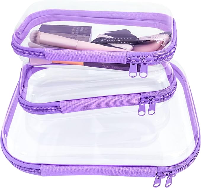 YOQIVEXU 3 Pcs Clear Hard Zipper Case, Hard Shell Plastic Clear Organizer Bag, Transparent Makeup Pouches, Portable Box for Travel Toiletries Storage Bins (Purple)