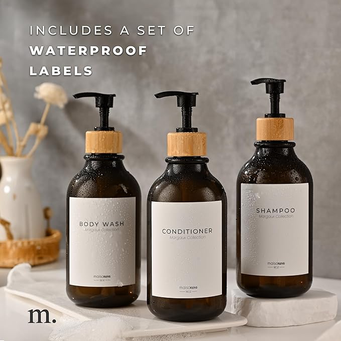 Shampoo and Conditioner Bottles Set of 3 Amber Bamboo – Shower Shampoo Dispenser – Hotel Style Bathroom Upgrade by MaisoNovo