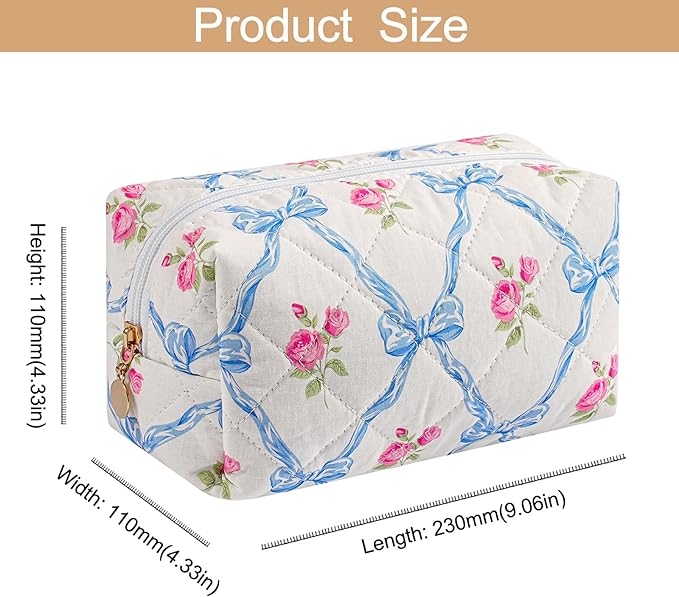 HHQQWZ Makeup Bag Travel Cosmetic Bag for Women Girls, Zipper Make Up Pouch, Floral Flowers Toiletry Organizer Makeup, Portable Storage Bag, Cosmetic Travel Cloth Bag (Pink+Blue Bowknot)