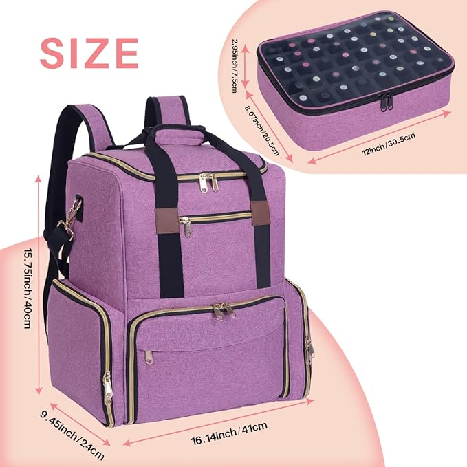 Nail Polish Organizer Backpack Holds 80 Bottles and a Nail Lamp Supplies with 2 Removable Cases Storage Bag Professional Travel Case for Manicurist (Purple)