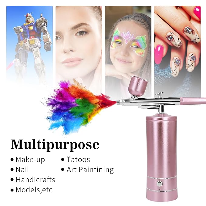 Airbrush Kit Air Brush Kit With Air Compressor Nail Charms Wireless Air Brush for Barber, Nail Art, Makeup, Model Painting (Pink - with extension tube)