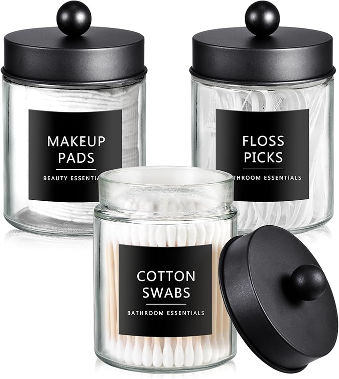 SheeChung 3-Pack Black Glass Apothecary Jars - Rust-Proof Stainless Steel Qtip Holder Set - Modern Farmhouse Bathroom Vanity Organizer for Cotton Swabs, Balls, Pads - Countertop Storage Canister