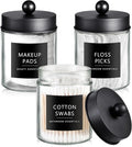 SheeChung 3-Pack Black Glass Apothecary Jars - Rust-Proof Stainless Steel Qtip Holder Set - Modern Farmhouse Bathroom Vanity Organizer for Cotton Swabs, Balls, Pads - Countertop Storage Canister