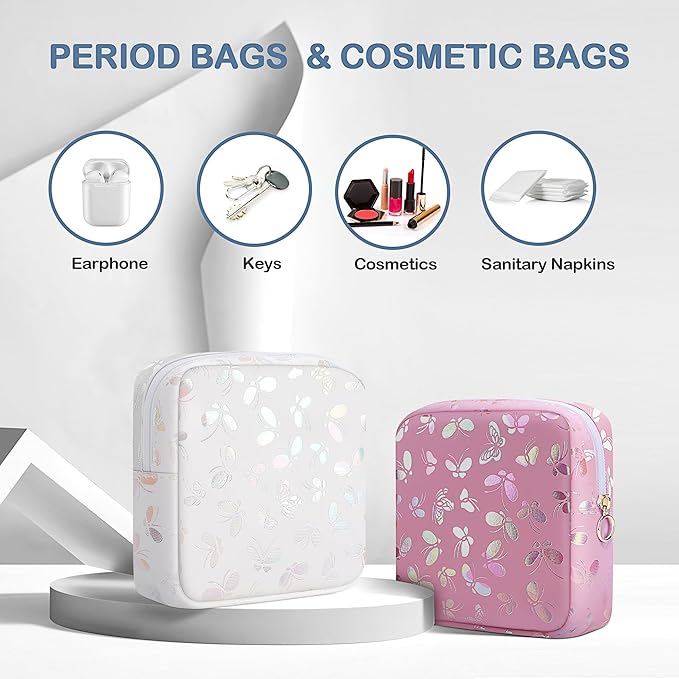 Likesing Period Bag Pouch, Leather Sanitary Napkin Storage Bag for Womens, Portable Sanitary Napkin Period Pad Pouch Bag for Purse, Small Make Up Bags(Black Butterflies)