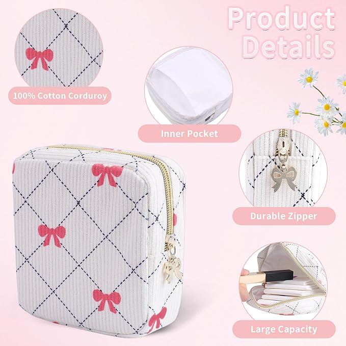 Teircno Period Bag for Women - Cute Corduroy Sanitary Napkin Storage Bag with Bow Design | Period Pouch for Daily Use, Travel | Discreet Menstrual Pouch | Pad Bags for Period Holds Pads, Tampons