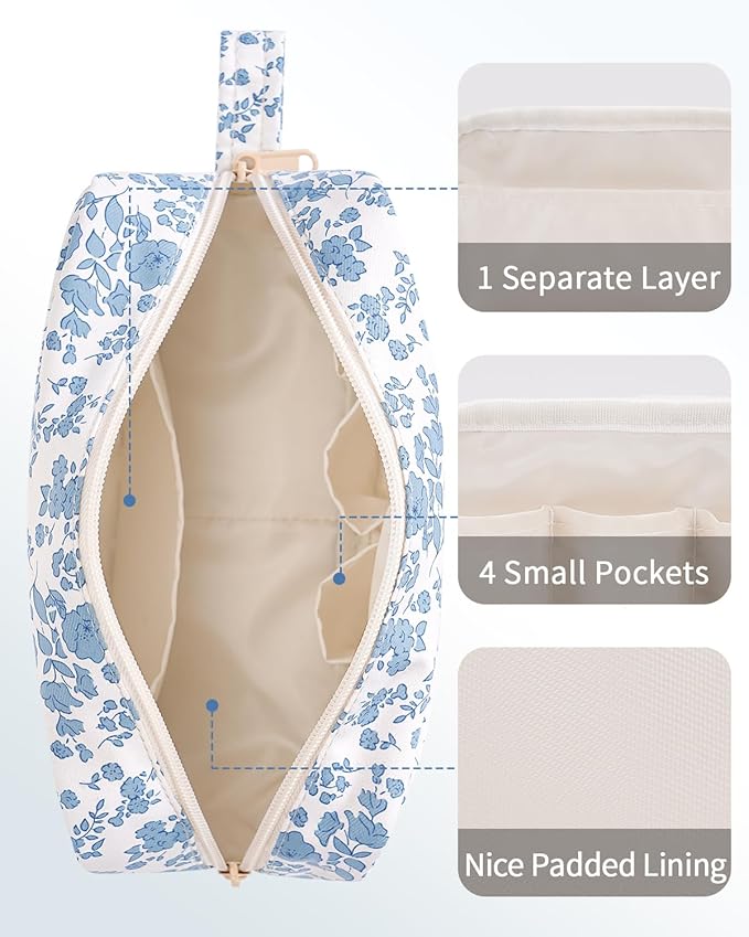 Narwey Cute Makeup Bag Small Toiletry Bag Travel Cosmetic Bag Organizer Make Up Bags with Organized Pockets for Women (Blue Flower, Large)