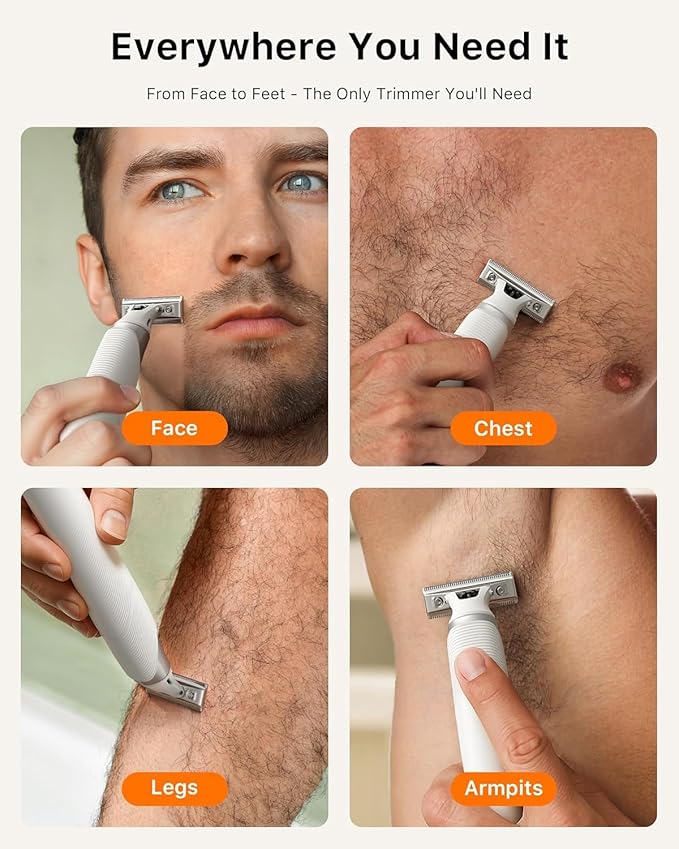 Trimcoo Electric Groin & Body Hair Trimmer - Painless Beard Razor for Men, All-in-One Body Groomer, Waterproof Wet/Dry Men's Ball Shaver with Magnetic Head, USB-C Charging, Easy Claen, White(Lite)