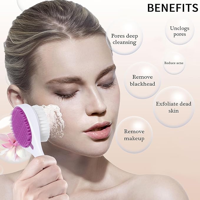 Silicone Face Scrubber Double Side, Handheld Facial Cleansing Brush 2 in 1 Face Cleanser Brush for Deep Cleansing and Exfoliating, Blackhead Makeup Removal 2 Pcs (Black, Purple)