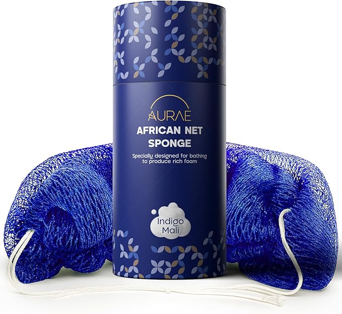 AURAE Premium African Net Sponge – Authentic Exfoliating Body Scrubber, 45-Inch, Quick-Drying – Blue