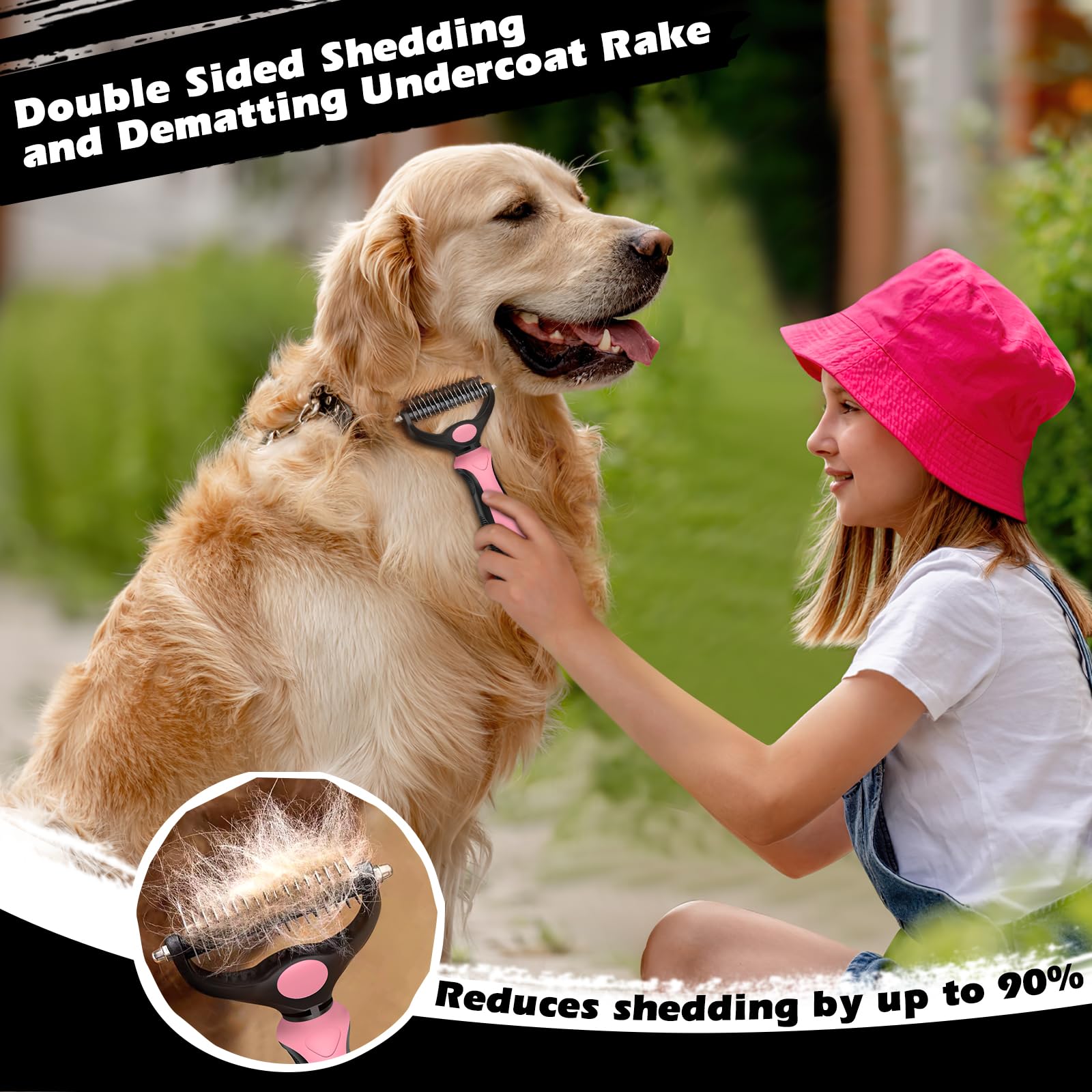 Professional 3PCS Self Cleaning Slicker Brush & Pet Grooming Rake & Flea Comb for Dogs,Cats and Horses | Double-Sided Dematting Comb & Skin Friendly Deshedding Grooming Tool (Light Pink)