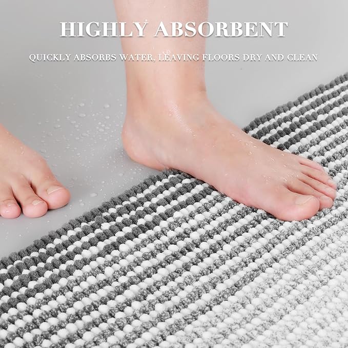 BSICPRO Bathroom Rugs and Mats Sets, 2 Piece Thick Absorbent Chenille Bath Mat Rug Set Non Slip, Soft Shaggy Bath Room Floor Mats for Bathroom, Machine Washable (Gray, 20" x 60" Plus 20" x 32")