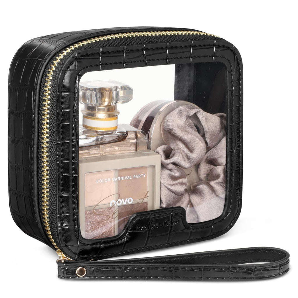PACKISM Structured Clear Makeup Bag - Faux Leather Cosmetic Pouch with Reinforced Frame, Stand-Up Toiletry Organizer for Purse & Car Console, Mini Black