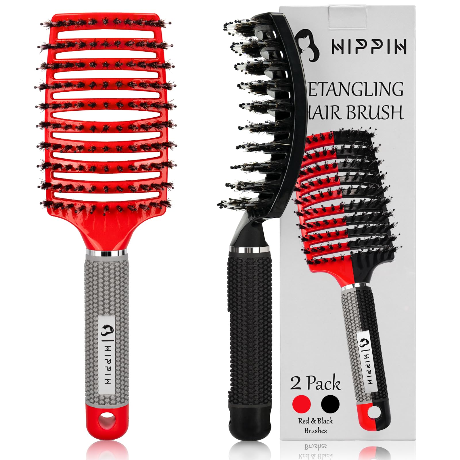 Boar Bristle Hair Brush Set of 2, HIPPIH Wet & Dry Hair Brushes Made by Fine Natural Boar Hair Can Adds Shine and Smoothing, Detangling Hairbrush for Women, Men & Kids' Long Curly Thick Hair