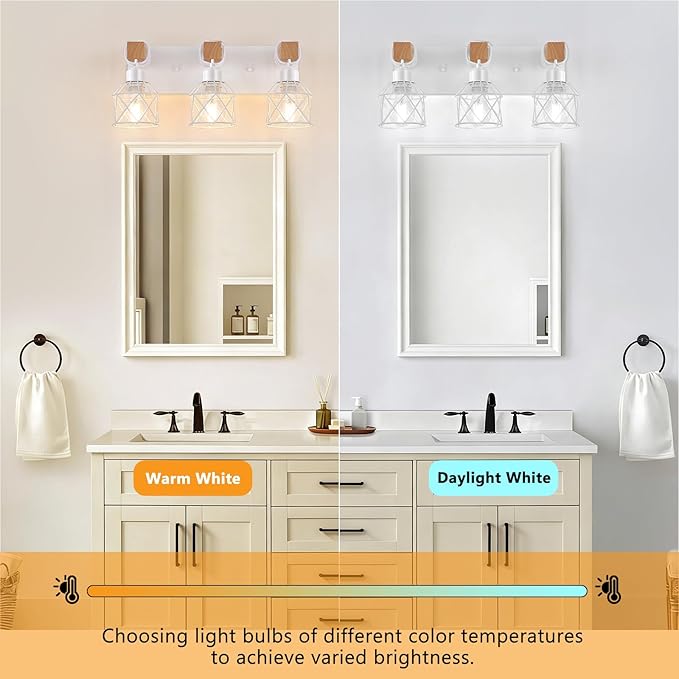 FadimiKoo 3-Light Farmhouse White Bathroom Vanity Light Fixtures, Rustic Wood Vanity Lights for Bathroom, Modern Bath Sconces Wall Lighting with Elegant Metal Shade for Mirror, Living Room, Bedroom