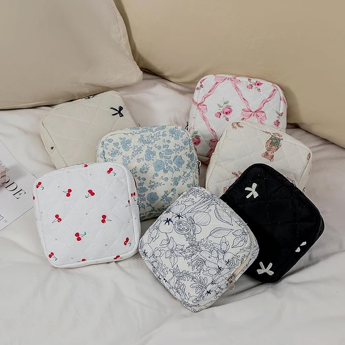 Small Quilted Cotton Makeup Bag for Purse, Cosmetic Bag with Compartments, Cotton Aesthetic Makeup Bag, Travel Toiletry Pouch, Key Pocket Lipstick Bag Card Holder Data Cable Organizer（07Cherry）