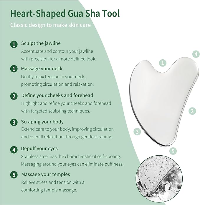 LeMeeOly 2Pcs Gua Sha Facial Tools Stainless Steel, Detailer GuaSha Set for Face Neck, Natural Skin Care Metal Gua Sha Lymphatic Drainage Face Massage Tool