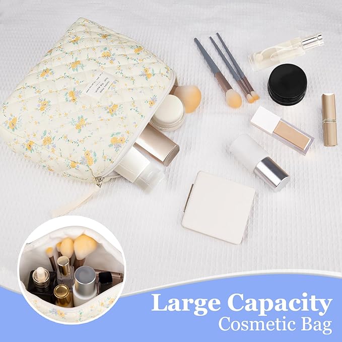 Gosect Floral Makeup Bag, Small Cosmetic Bag for Women Girls, Cute Cotton Makeup Bag, Quilted Makeup Bags, Flower Travel Toiletry Organizer Bag(Yellow Flowers)
