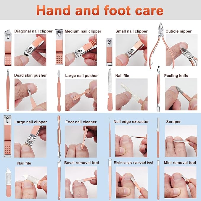 Manicure Set,ewinever 26PCS Professional Pedicure Kit Stainless Steel Nail Clippers Grooming Tools Kit Men and Women Nail Care Tools with Pink Leather Travel Case-Rose Gold