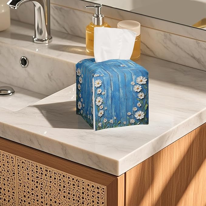 White Flowers Daisy Tissue Box Cover Rustic Floral Wooden Square PU Leather Waterproof Tissue Box Holder for Bathroom Kitchen Bedroom Vanity Countertop Night Stands