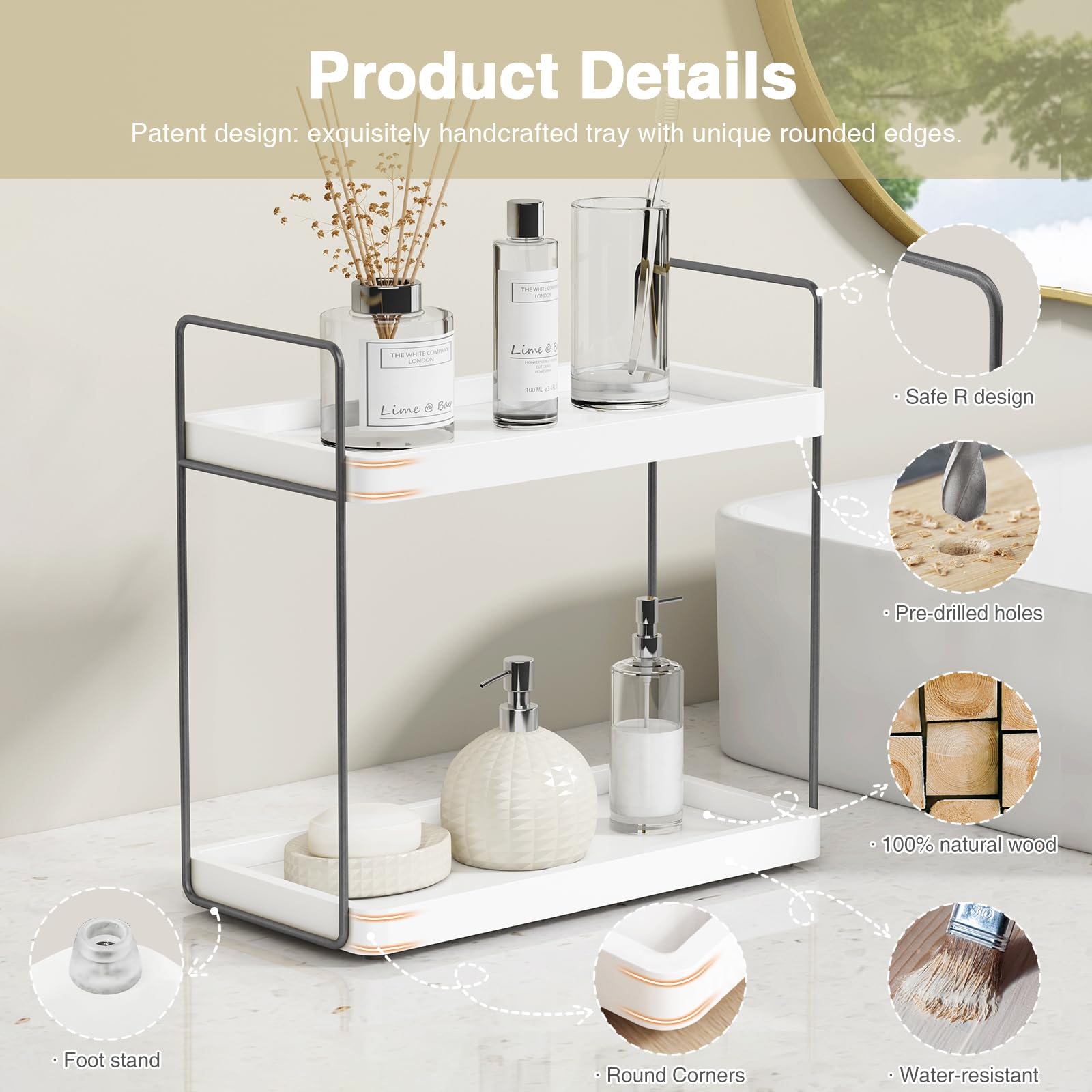 Forbena White Bathroom Organizer Countertop, Kitchen Counter Shelf Organizer for Coffee Bar Station, Makeup Vanity Organizers and Storage, Tiered Sink Tray for Perfurm Skincare (White and Grey)