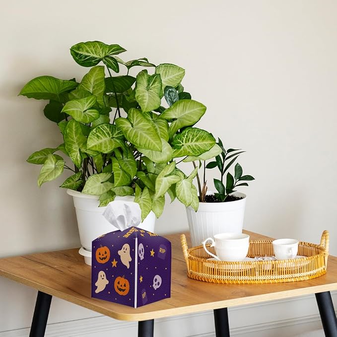 Halloween Tissue Box Cover Funny Cartoon Cute Pumpkin Bat Square PU Leather Waterproof Tissue Box Holder for Bathroom Kitchen Bedroom Vanity Countertop Night Stands