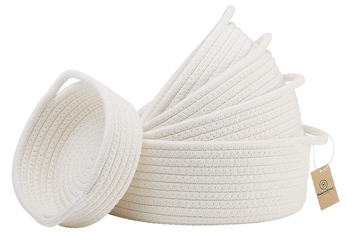 NaturalCozy 5-Piece Round Woven Cotton Rope Storage Baskets for Organizing, Small Shallow Nesting Set for Montessori Toys, Entryway Catchall, Fruit Bowl, Key Tray, Remote Holder, Nursery & Pet Toys