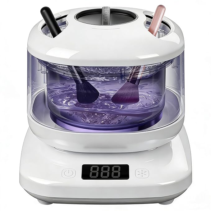 Ultrasonic Makeup Brush Cleaner Electric Machine with U-V, Automatic Cosmetic Brushs Washer Portable Deep Cleaning for Beauty Makeup Brush Set, Blush Brush, 4 Modes with Visible Window Digital Timer