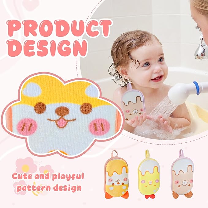 Baby and Kids Bath Loofah Sponge, Soft and Absorbent Toddler Exfoliating Body Scrubber Shower Loofa Sponge,Cute Pattern Design for Kids Baby Women Boys and Girl, 3 Pack (Bear/Dog/Chick)