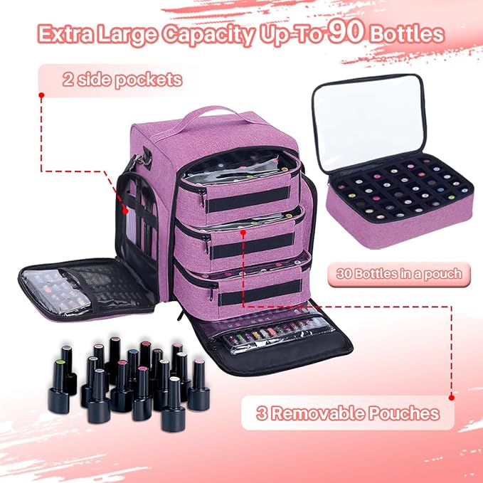UOZL Nail Polish Organizer Case Hold 90 Bottle with 3 Detachable Bag,Purple