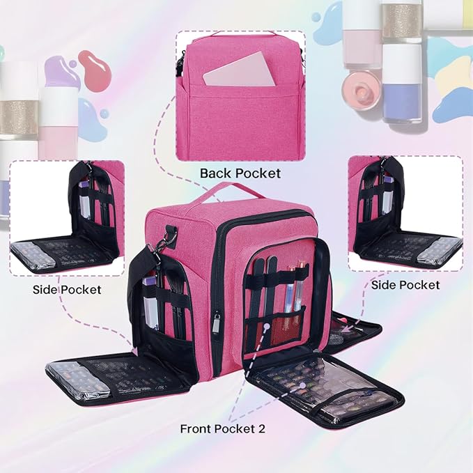 YAHOURWAT Nail Polish Organizer Holds 60 Bottles and a Nail Lamp,Portable Travel Case with 2 Removable Bags and Tools Storage Pockets Rose Red