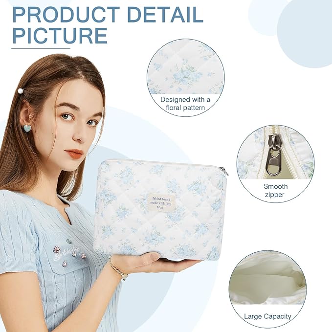 Gosect Floral Makeup Bag, Large Cosmetic Bag for Women Girls, Cute Cotton Makeup Pouch, Quilted Makeup Bags, Flower Travel Toiletry Organizer Bag(Blue Rose)