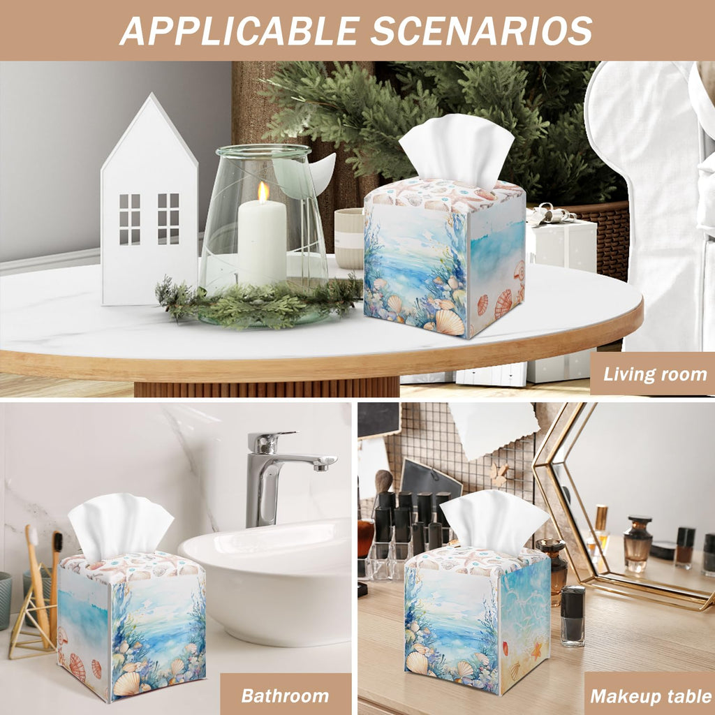 Coastal Starfish Seashell Tissue Box Cover Square with Bottom Belt, Leather Waterproof Tissue Holder Facial Paper Case for Tabletop Home Office Bathroom Car Decor -10