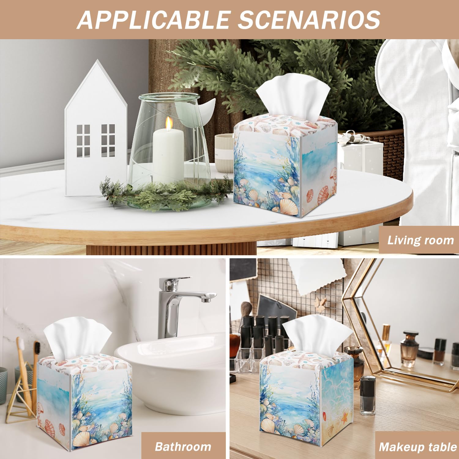 Coastal Starfish Seashell Tissue Box Cover Square with Bottom Belt, Leather Waterproof Tissue Holder Facial Paper Case for Tabletop Home Office Bathroom Car Decor -10