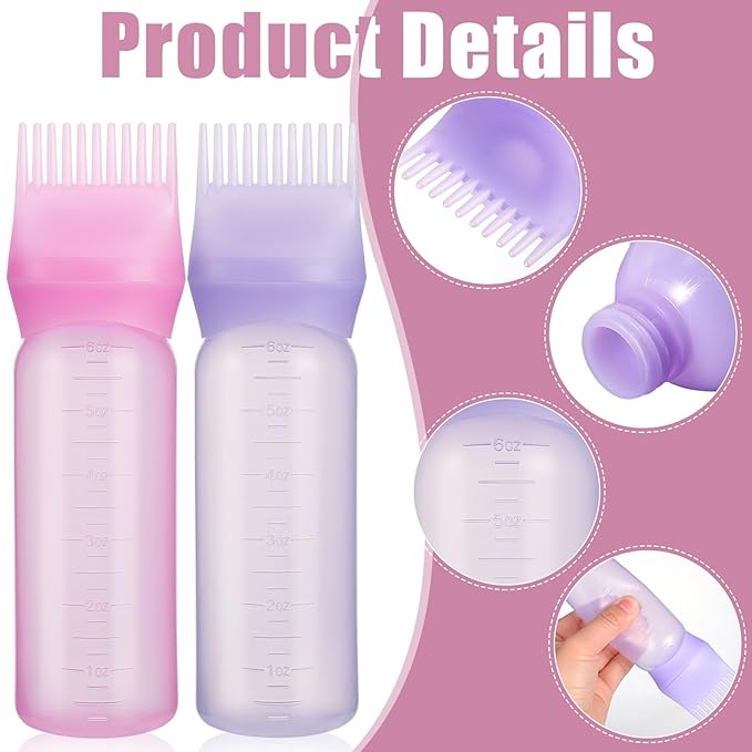 Pimoys 2 Pack Root Comb Applicator Bottle 6 Ounce Oil Applicator for Hair Dye, Hair Oiling Applicator Brush with Graduated Scale, Pink and Purple